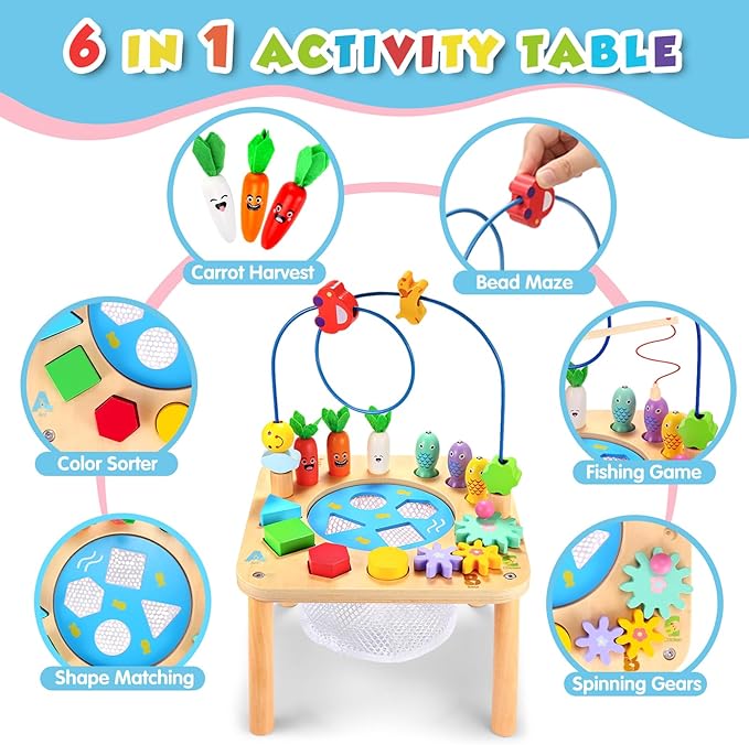 WINGYZ Activity Table, 6 in 1 Wooden Montessori Activity Center with Bead Maze Shape Sorter Fishing Game, Kids Sensory Play Table Toddler Toys 1st Birthday Gifts Boy Girl(Rainbow)