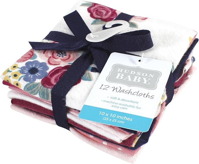 Hudson Baby Unisex Baby Flannel Washcloths, Blush Navy Floral 12Pk, One Size