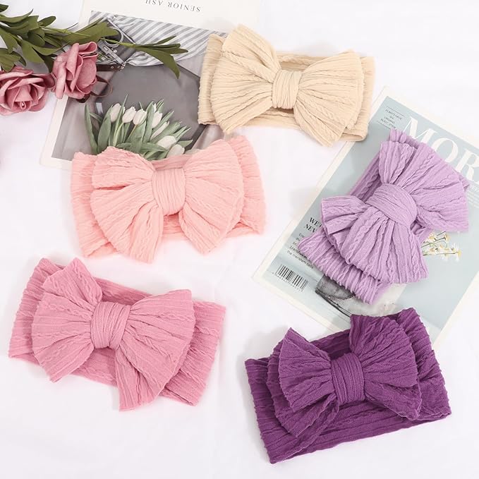 DRESHOW BQUBO Handmade Baby Headbands Soft & Stretchy Hair Bands with Bows Nylon Bows Hairbands for Girls Newborn Infant Toddlers Hair Accessories 5 Pack