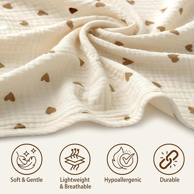 100% Organic Muslin Cotton Car Seat Cover 35 x 50 Inches Soft Touch Breathable Canopy, Protective Car Seat Cover Baby All Seasons Lightweight Car Seat Cover Travel Comfort (Beige Hearts)