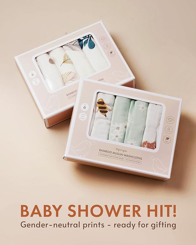 Nightingale Baby Washcloths, Rayon from Bamboo Baby Clothes Organic Wash Cloths with Cotton, Newborn Bath Essentials, Burping Cloths for Babies, Face Towels Reusable 12"x12" (Bee) - 6 Pack