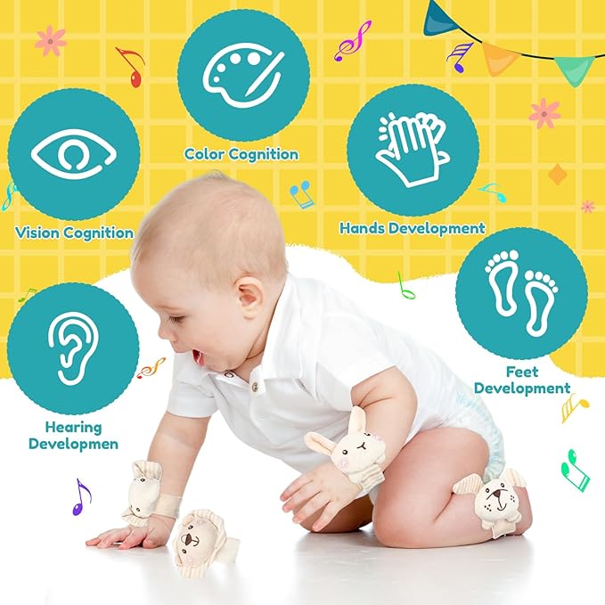 4 Pieces Baby Wrist Rattles Animal Pattern Newborn Rattle Foot Rattles Toy for Babies Boy Girl Infant Birthday Gifts Educational Toys, 4 Designs (Rabbit Dog Lion Elephant)