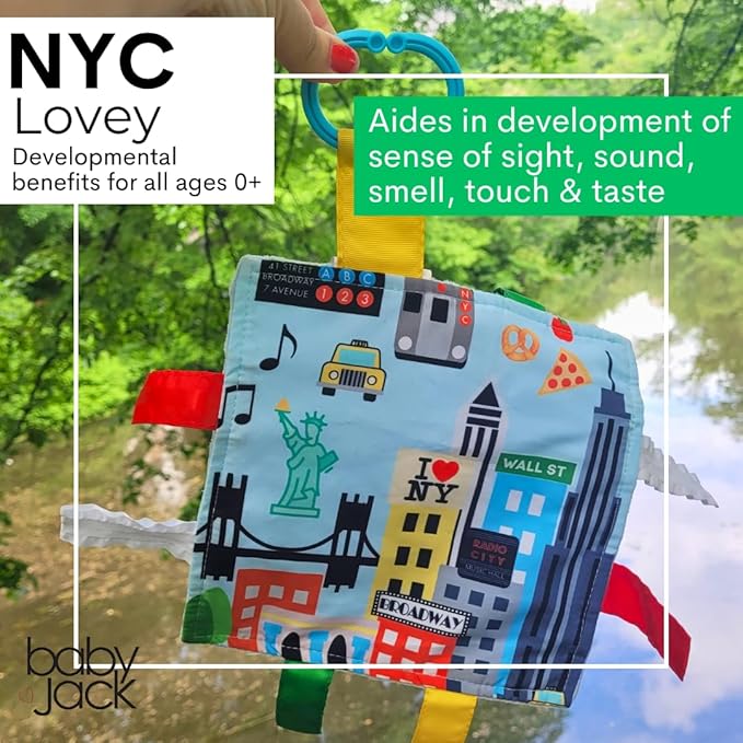 Baby Jack & Co 8x8” Learning Lovey NYC New York Tag Toys for Babies - Baby Crinkle Toys - Soft & Safe - Learn USA Cities and Shapes - Ideal Baby Toy & Gift BPA Free w/Stroller Clip
