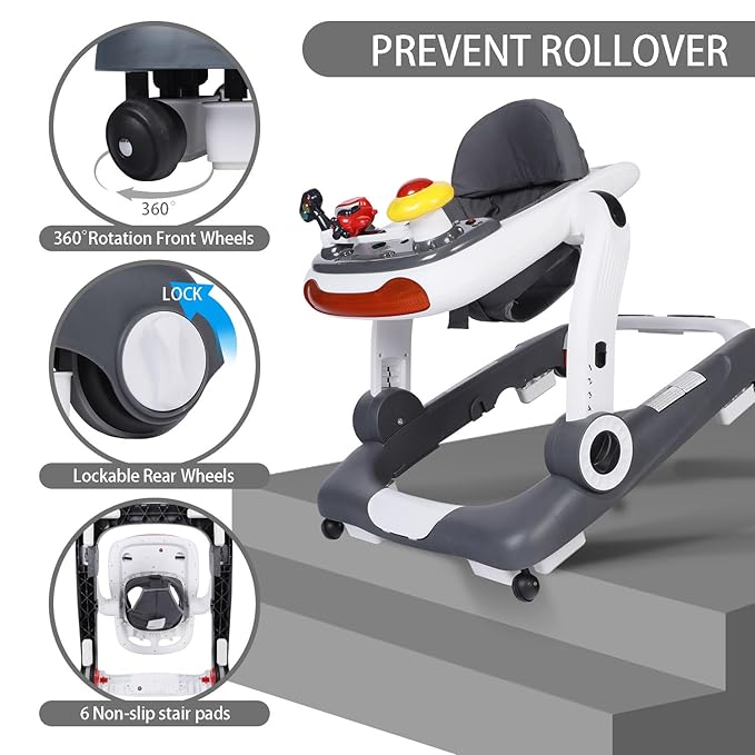 Kinder King Baby Walker with Music & Lights, 5 in 1 Baby Activity Walker with Wheel, Adjustable Height & Seat, Learning-Seated & Toddler Walk-Behind, Safety Bumper, Infant Walker Anti-Rollover, Grey