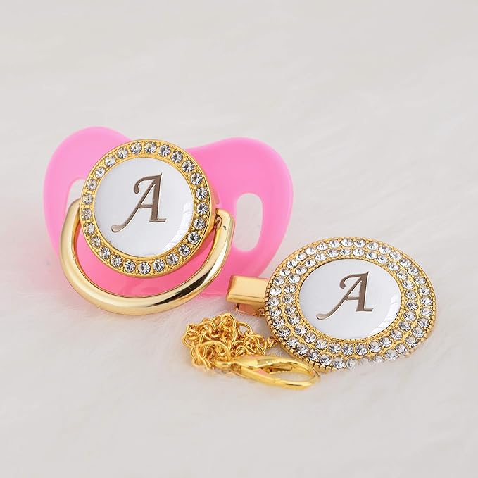 All Handmade Bling Baby Pacifier and Clip Set 26 Letters and 11 Colors can Choose LA