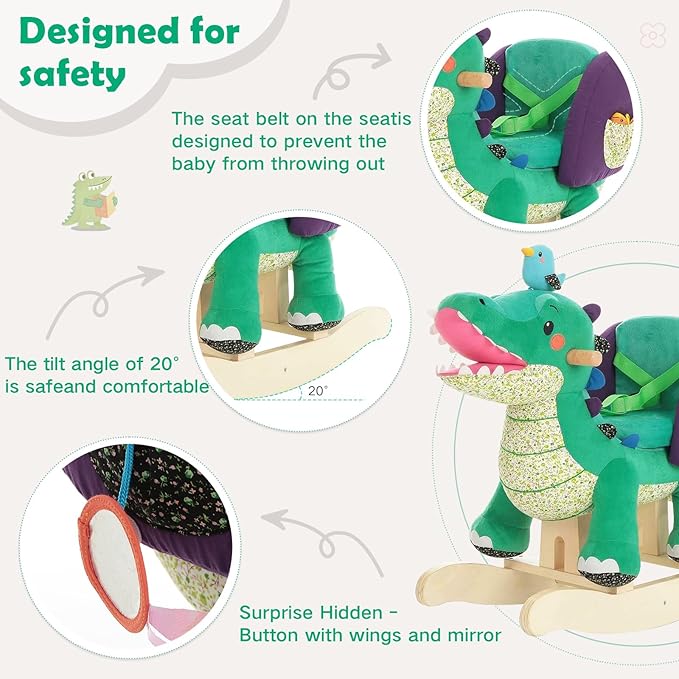 labebe Child Rocking Horse Toy, Stuffed Animal Rocking Horse, Green Crocodile Plush Rocker Toy for Kid 6 Month -3 Years, Wooden Rocking Horse Chair/Rocker/Animal Ride on