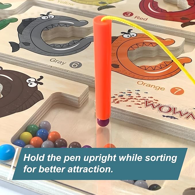 Matching and Counting Wooden Toy - Colorful Fish Design Magnetic Maze for Kids Ages 3-5,Montessori Color Sorting Puzzles Game for Kid