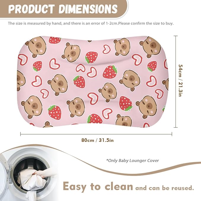 Heart Strawberry Capybara Baby Lounger Cover for Girls Newborn Lounger Covers Removable Sleeping Baby Nest Slipcover Soft Comfortable Snuggle Me Cover 31.5'' x 21.3''