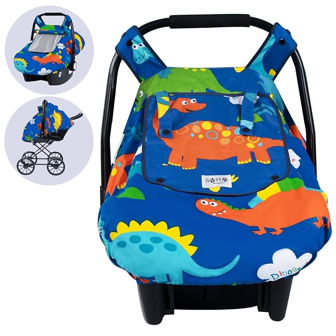 SMTTW Baby Car Seat Covers, Infant Car Canopy for Spring Summer Autumn Winter, Universal Fit, Snug Warm Breathable, Car Seat Canopy for Boys Girls (Dinasour)