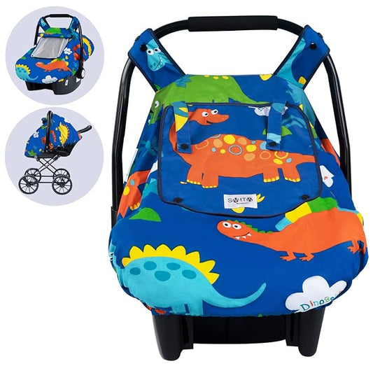 SMTTW Baby Car Seat Covers, Infant Car Canopy for Spring Summer Autumn Winter, Universal Fit, Snug Warm Breathable, Car Seat Canopy for Boys Girls (Dinasour)