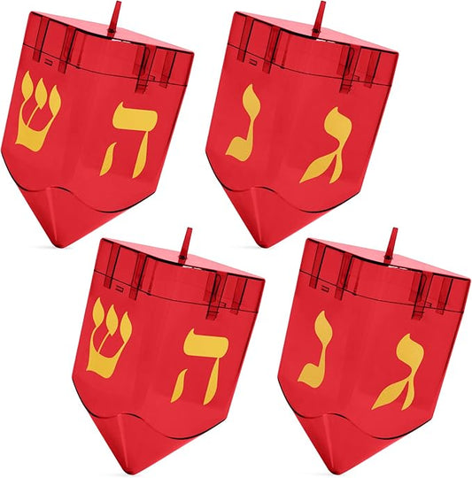 Large Fillable Dreidels for Hanukkah, Pack of 4 Plastic Dreidels Bulk, Red Large Dreidels That Bring Joy and Tradition to Every Celebration