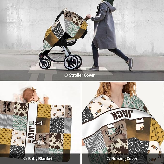 Personalized Baby Car Seat Canopy for Babies with Name, Custom Cowboy Style Car Seat Covers for Boys, Opening Minky Nursing Breastfeeding Stroller Cover Carseat Canopies for Infant Newborn