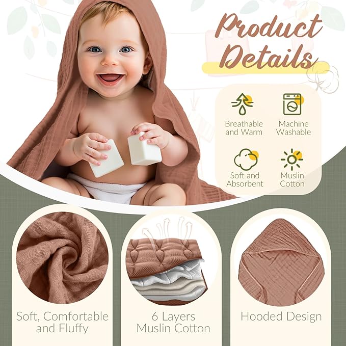 VitalCozy 12 Pcs Baby Muslin Hooded Bath Towels and Washcloths Muslin Cotton Hooded Baby Towels Absorbent Blankets for Gift Newborn Infant Shower (32 x 32 Inch,Earthy Tones)