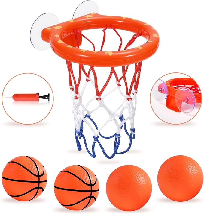 KSABVAIA Bath Toys - Bathtub Basketball Hoop for Kids Toddlers,Bath Toys Shower Toys for Kids Ages 4-8,Suction Cup Basketball Hoop & 4 Soft Balls Set for Boys Girls