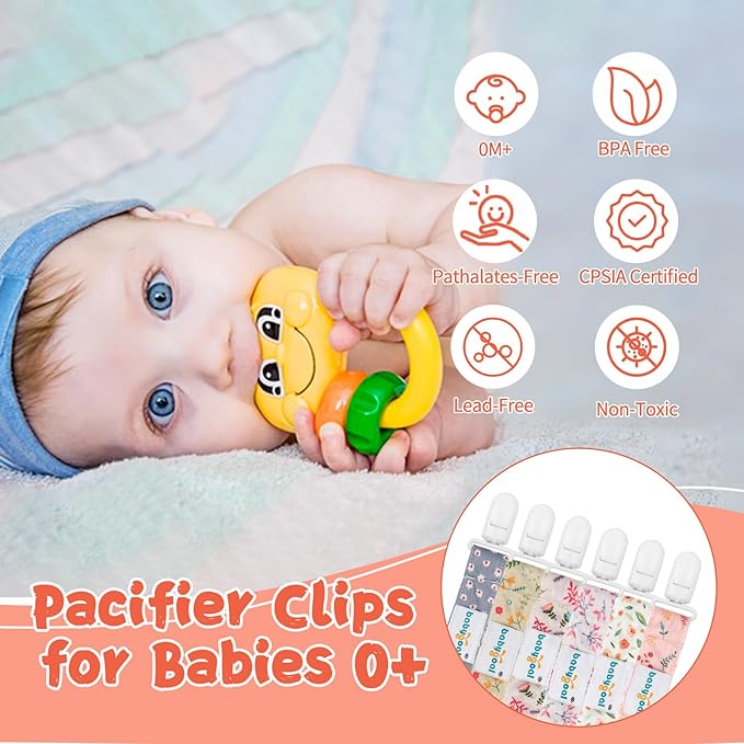 babygoal Floral Pacifier Clips, 6 Pack Binky Paci Holder Clips Leashes Fits for Most Baby Pacifiers and Binkies 6PS21