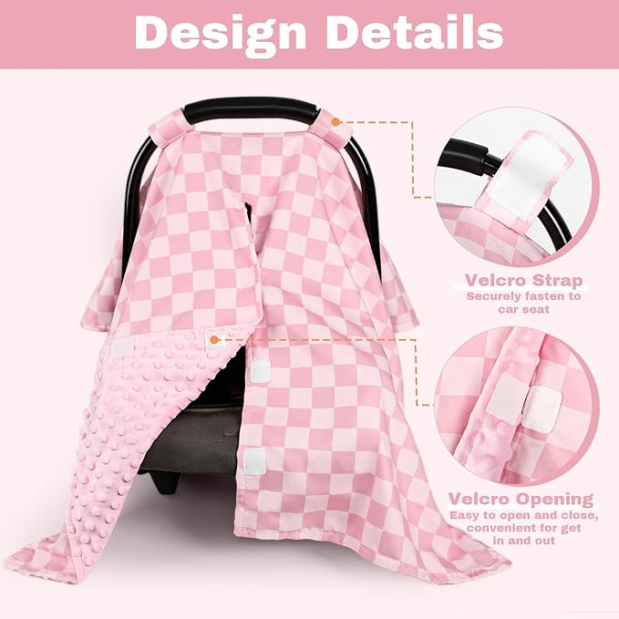 Baby Car Seat Cover, Minky Carseat Cover Baby Girl, Peekaboo Opening Infant Car Seat Cover, Warm Baby Car Seat Canopy for Winter, Pink Checkered