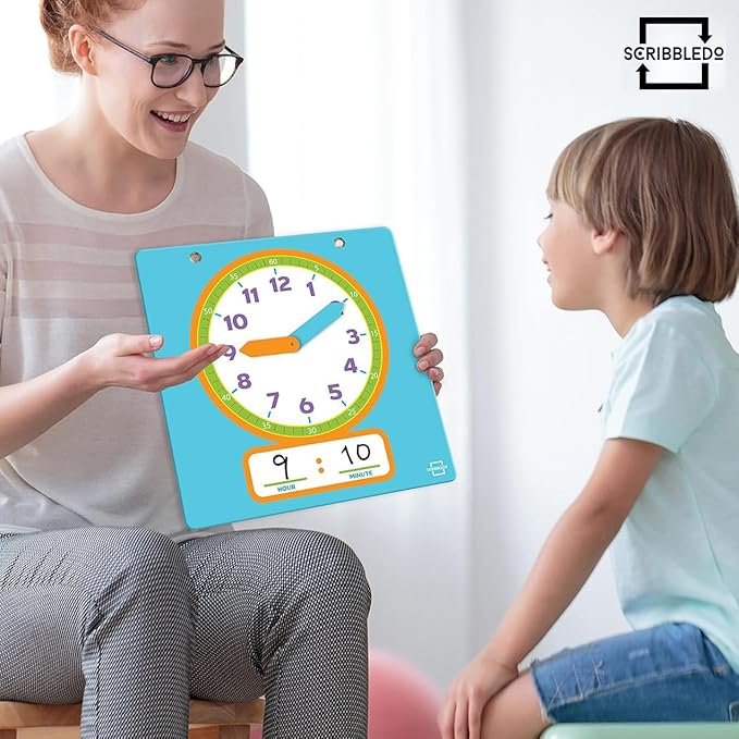 Scribbledo Writable Dry Erase Learning Clock for Kids Write & Wipe Demonstration Clock for Kids Learning to Tell Time Classrooms and Homeschool Supplies