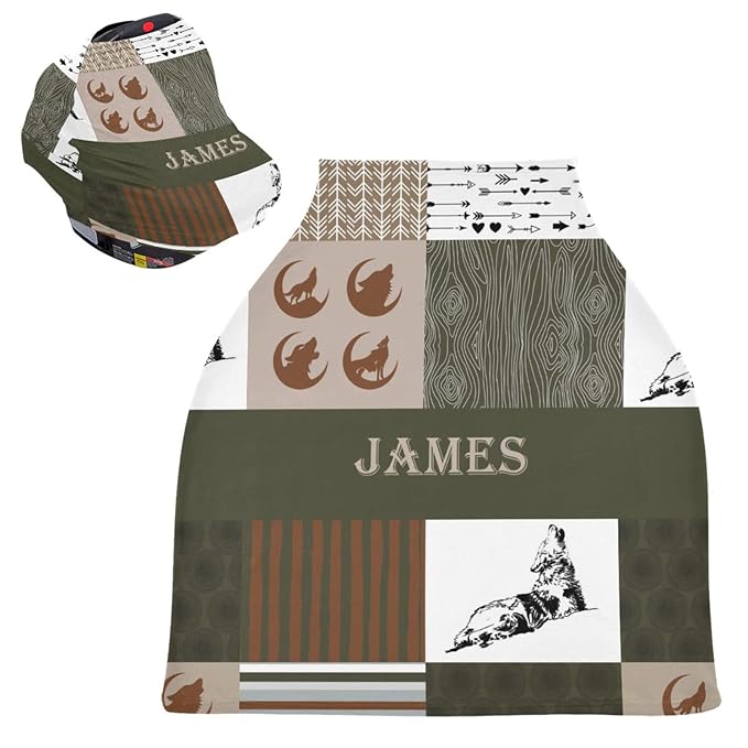 Personalized Car Seat Covers for Babies, Customized Infant Carseat Cover Canopy for Boys, Breathable Nursing Cover Breastfeeding Scarf, Soft Infant Stroller Canopy, Woodland Wolf