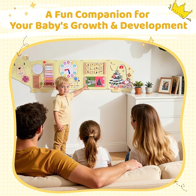Activity Wall Busy Board Panels, Bear Wooden Montessori Sensory Toys, Toddler Learning Activity Center, Sensory Wall Panel Ideal Educational Gift for Boys and Girls