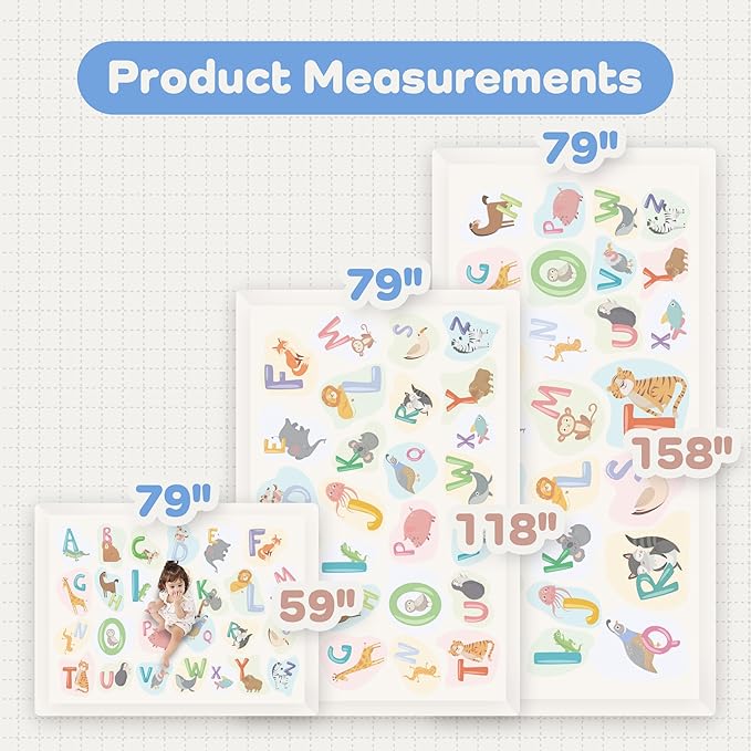 1.3" Thick Educational Baby Floor Play Mat 79x118, Basic Padded Memory Foam Kids Mat, Large Non-Slip Plush Playmat for Nursery Playroom Classroom (ABC Animal)