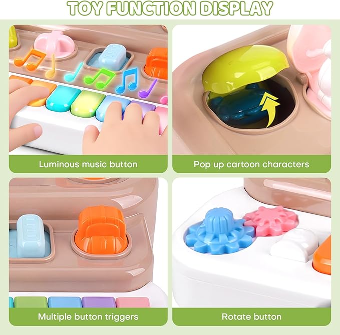 Pop Up Music Toy with Piano Keyboard - Interactive Cause and Effect Animal Game for 1-3 Year Olds, STEM Learning Educational Baby Toy with Music & Lights for Toddlers 6-12 Months