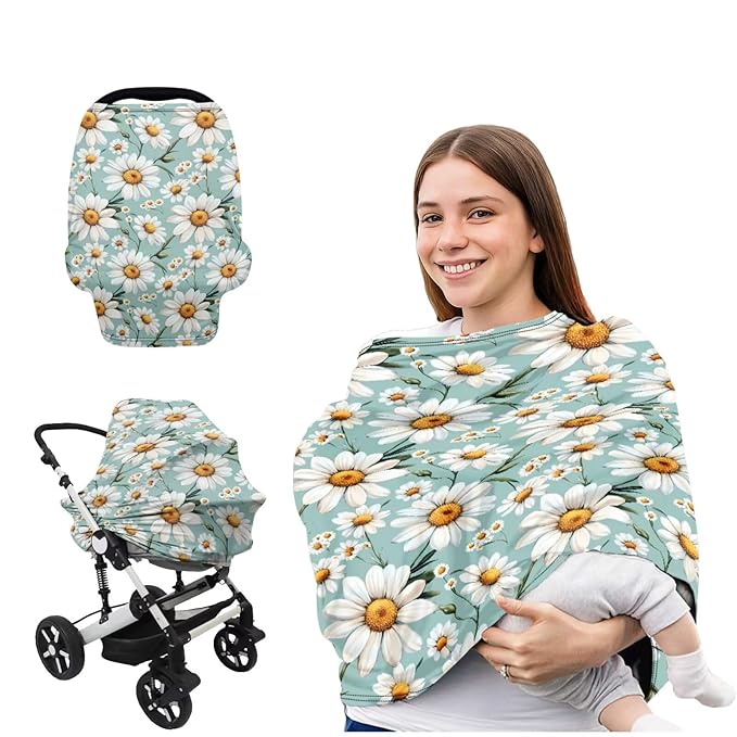 Daisy Baby Car Seat Covers,Multi-use Carseat Canopy for Babies,Stretchy Infant Nursing Cover for Breastfeeding,Shower Gifts for Unisex Boys and Girls,Green