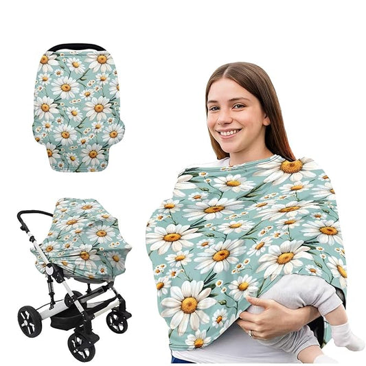 Daisy Baby Car Seat Covers,Multi-use Carseat Canopy for Babies,Stretchy Infant Nursing Cover for Breastfeeding,Shower Gifts for Unisex Boys and Girls,Green