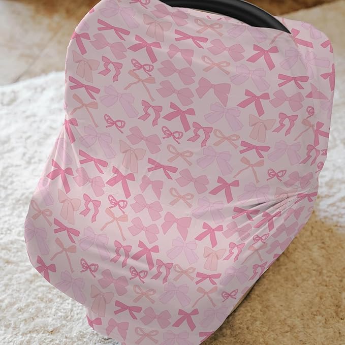 Girl Pink Bows Car Seat Covers for Baby Valentine Bows Stretchy 5-in-1 Cover Adjustable Infant Carseat Canopy Cover Spring Pink Ribbons Breathable Nursing Cover-Up