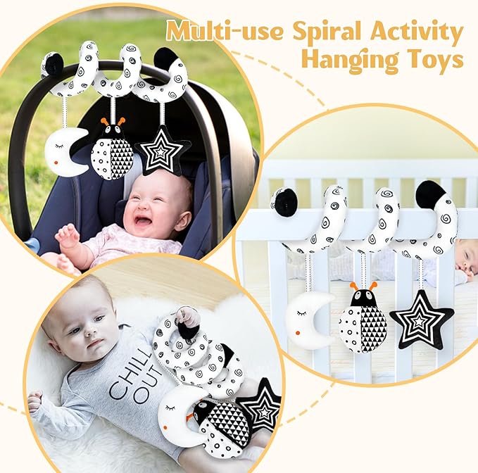 XIXILAND Car Seat Toys for Babies 0-6 Months & Black and White Baby Toys, Baby Toys 0-3 Months Developmental Infant Toys, High Contrast Baby Toys for Crib Mobile, Baby Toys Gift for 0 3 6 9 12 Months