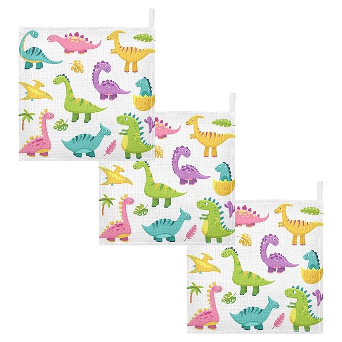Cartoon Dinosaur Baby Muslin Washcloths Cute Burp Cloths Soft Absorbent Baby Wash Cloth Fingertip Face Towels for Newborn Boys Girls 12 x 12 in, 5 Pack