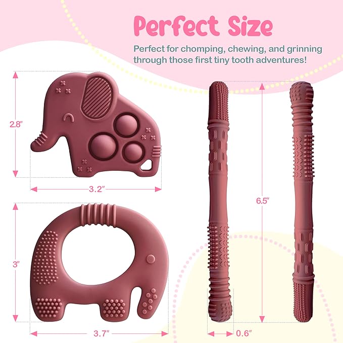 Silicone Baby Teething Toys, Soft Teether Set for Sore Gums, BPA Free Chew Toys for Infants 3+ Months, Textured Teething Relief, Easy Grip Design (Rose Pink)
