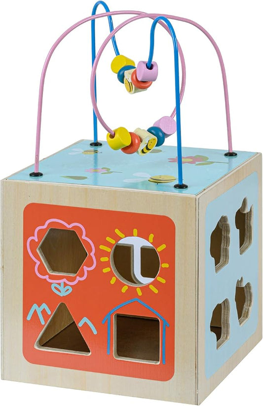 Teamson Kids Preschool Play Lab 4-in-1 Large Wooden Activity Cube Bead Maze Animal Sorter for Kids Baby Toys, Natural