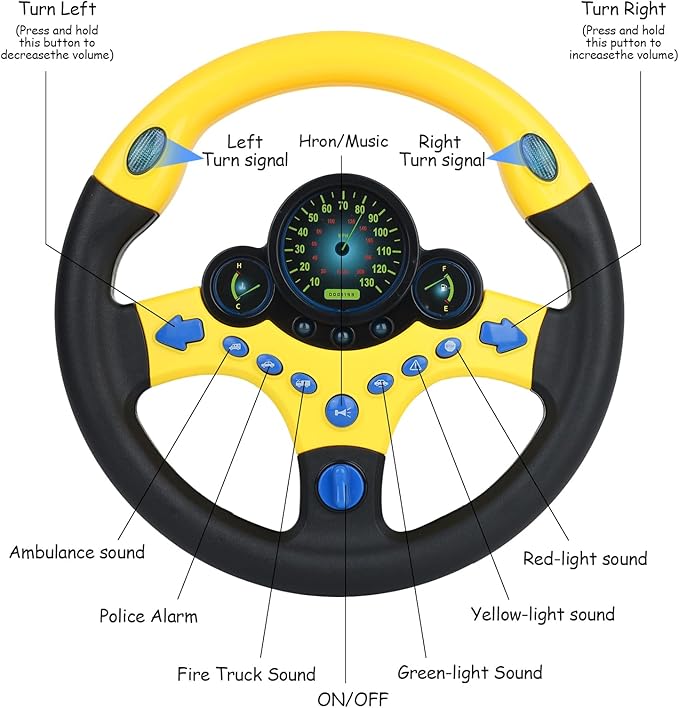 Toy Steering Wheel for Kids with Light and Music,Simulated Driving Toys Gift for Toddlers 3+ (Yellow)