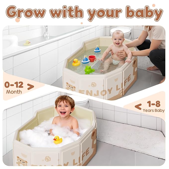 Foldable Baby Bath, Collapsible Baby Bathtub 3M-8Y, Portable Travel Baby Bath Tub with Non-Slip Base, Pop Up Folding Newborn Toddler Shower Tub, Space Saving, Brown