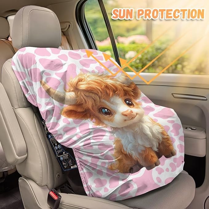 XYZCANDO Cow Print Car Seat Covers for Babies Girl Highland Cow Baby Car Seat Cover for Travel Easy to Install Baby Car Seating Sun Shade Cover for UV Rays Protective Car Accessories 2025