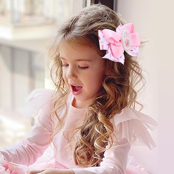 2PCS Hair Bows for Baby Girls Birthday - 6th Birthday Hair Bow Sweet Theme with Ice Cream Party, Pink Hair Accessories for Baby Toddler 1 2 3 4 5 6 Years, Outfit & Decorations