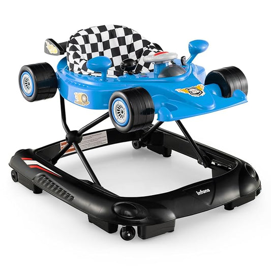 INFANS Foldable Baby Walker, 3 in 1 Toddler Activity Center Leaning-Seated Walk-Behind with Steering Wheel, Adjustable Height, Lights, Music, Washable Seat Cushion (Blue)