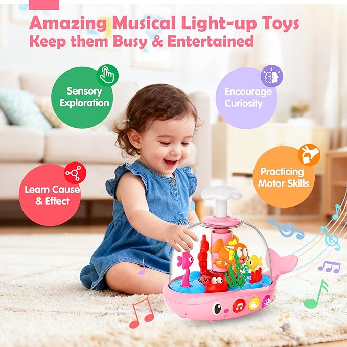 DUPHLAGT Baby Girl Toys 6-12 Months - Press & Spin Aquarium Light Up Musical Toy for Infant Toy 9-12-18 Months - Bilingual Learning Toddler Toys for 1 2 3 Year Old Boy Girl (Pink)