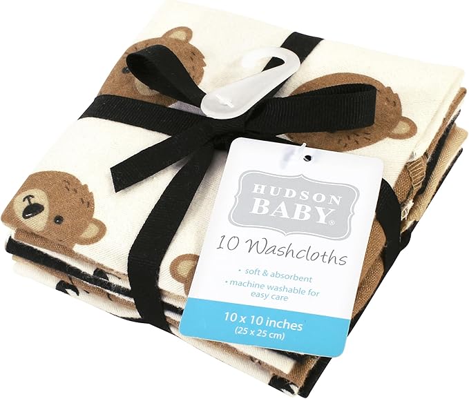 Hudson Baby Unisex Baby Flannel Cotton Washcloths, Brown Bear 10 Pack, One Size