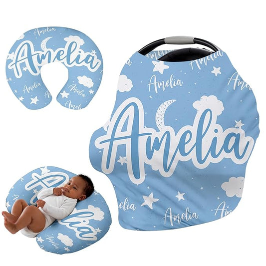 Custom Car Seat Covers for Babies - Breathable Baby Car Seat Cover for Girls Boys, Kick-Proof Newborn Carrier Light Blue Star Canopy Stretchy Stroller Cover for 4 Seasons