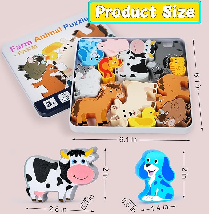 KECIABO Wooden Animal Puzzles Toys for Toddlers,12 Pcs Farm Animal Figures,Animal Matching Sorting Stacking Toys for Boys Child Girls,Educational Learning Toys Gift for Kids