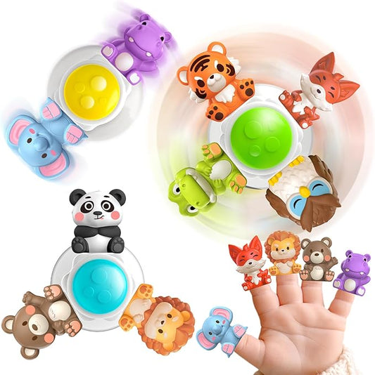 3PCS Cute Safari Animals Suction Spinner Toys for Babies, Detachable Soft Animal Figurines Finger Puppet, Bath Toy for Toddler Ages 1-3, Montessori Toys Birthday Gifts for Boys and Girls 12 Months+