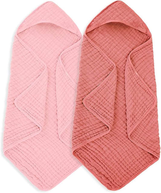MIGIOL Muslin Hooded Baby Towels 100% Cotton ，Super Soft Muslin Baby Bath Towel - 32 x 32 Inches, Suitable for Newborn and Young Children up to 3 Years Old. (Light Pink & Dark Pink)