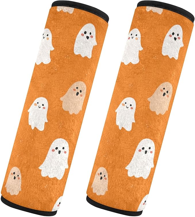 2 Pack Seatbelt Covers Seat Belt Cover Pad for Adults Boys Girls Car Seat Strap Covers Pads Cushion Universal Shoulder Strap Pad Protector for Backpack Camera Bag 10x7.7Inch Halloween Ghosts Orange