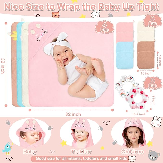 Sublaga 14 Pcs Baby Towels, Soft Baby Towel and Washcloths Set, 4 Pcs 32x32 in Hooded Bath Towel, 8 Pcs Baby Washcloths and 2 Pcs Cotton Baby Bibs for Newborns, Toddlers, and Kids for Boys and Girls