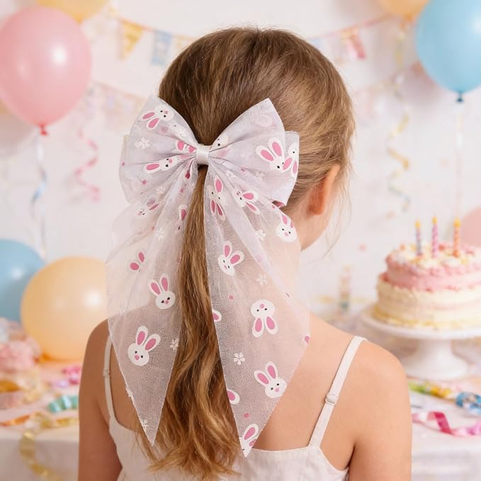 Easter Bunny Hair Bow for Women Girls Toddlers - 13 Inch Large White Tulle Bow Hair Clip with Cute Bunny Pattern, Spring Easter Hair Accessories Rabbit Hairpins for Easter Outfits, Birthday Gifts