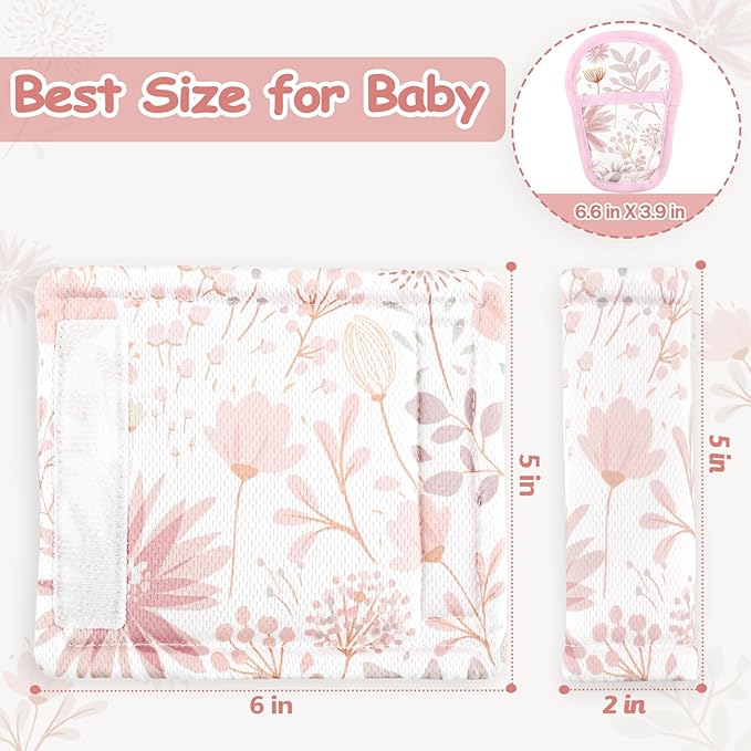 Baby Car Seat Strap Pads Suit, 3 Pieces Soft Car Seat Strap Shoulder Covers for Baby Infant Toddler, Double-Sided Car Seat Belt Covers for Stroller, Pushchair, Baby Swing, Pink Floral
