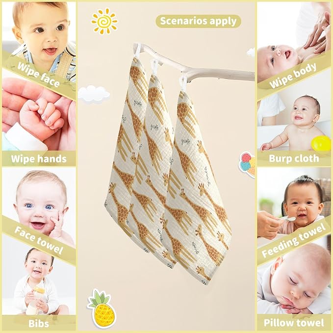 vvfelixl Giraffe Safari Print Baby Burp Cloths Baby Muslin Washcloths for Boys Girls Cotton Baby Face Towel for Newborn Infants Soft and Absorbent 11.8 X 11.8In, 5 Pack