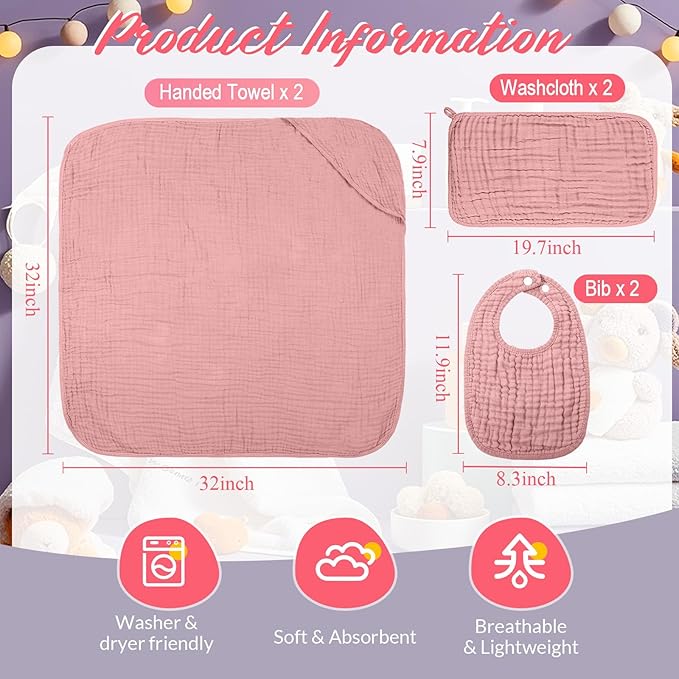 Hahafelt 6 Pcs Muslin Hooded Bath Towels Washcloths and Bibs Set, Muslin Cotton Baby Towels Absorbent Hooded Blanket Towel Infant Bibs for Boys Girls Newborn Infant Essential(Pink, Brown)