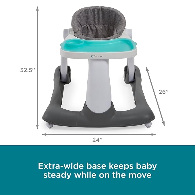 Contours Graze 2-in-1 Foldable Infant and Baby Push Walker, Seated or Walk-Behind Design, Removable and Washable Seat Pad and Snack Tray, Height Adjustable Seat Pad, Wide and Sturdy Frame - Gray/Teal